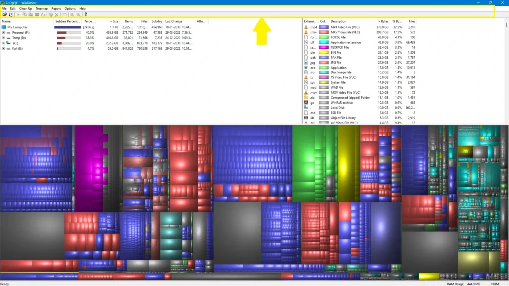 Upper menu strip exposing WinDirStat cleanup, view, and tooling commands