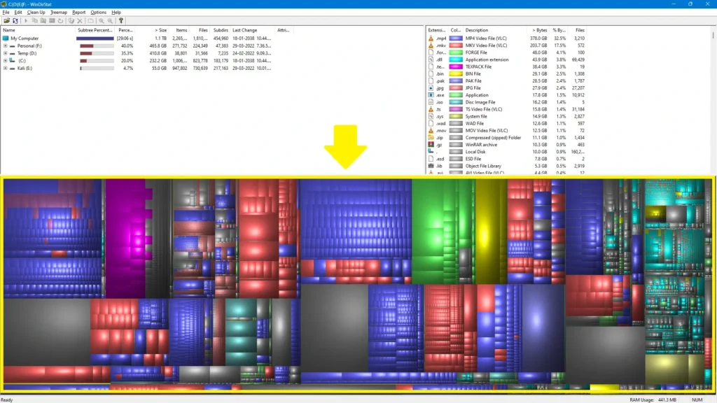Treemap interaction showing highlighted tile mapped to an explicit file entry